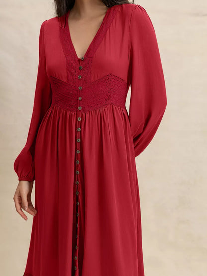 Women's Flowy V-Neck Balloon Sleeve Ruffled Hem Maxi Dress - Maxi Dresses