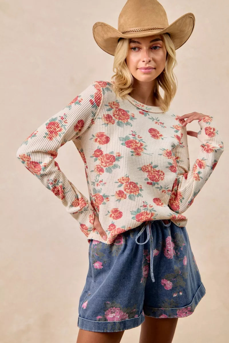 Oatmeal Washed Floral Long Sleeve Waffle Thermal Top with Sleeve Thumb Hole | Trendy Tops Outfit Idea for Women by Ro + Ivy | Elevated Basics, Modern Comfort & Style
