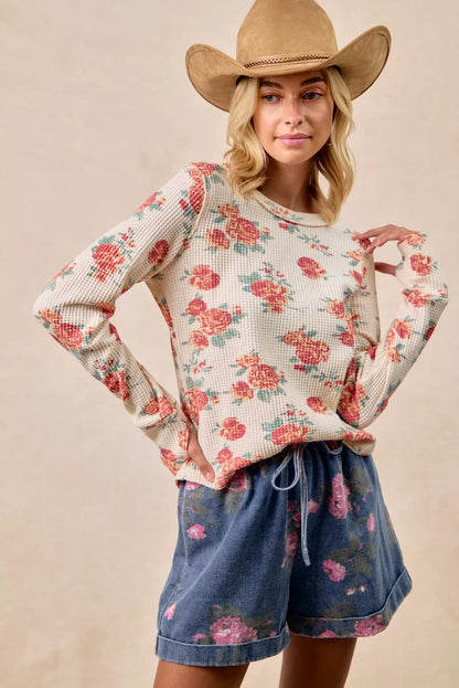 Oatmeal Washed Floral Long Sleeve Waffle Thermal Top with Sleeve Thumb Hole | Trendy Tops Outfit Idea for Women by Ro + Ivy | Elevated Basics, Modern Comfort & Style
