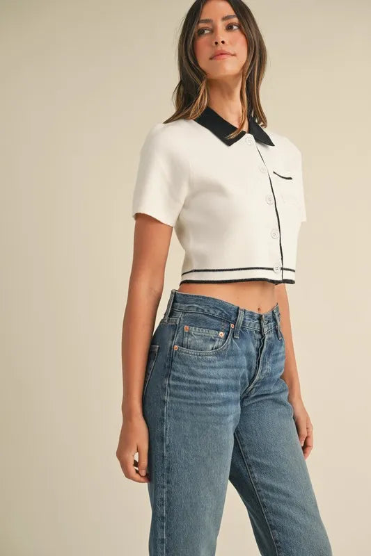 Button Down Contrast Collared Knit Cardigan - Cardigans