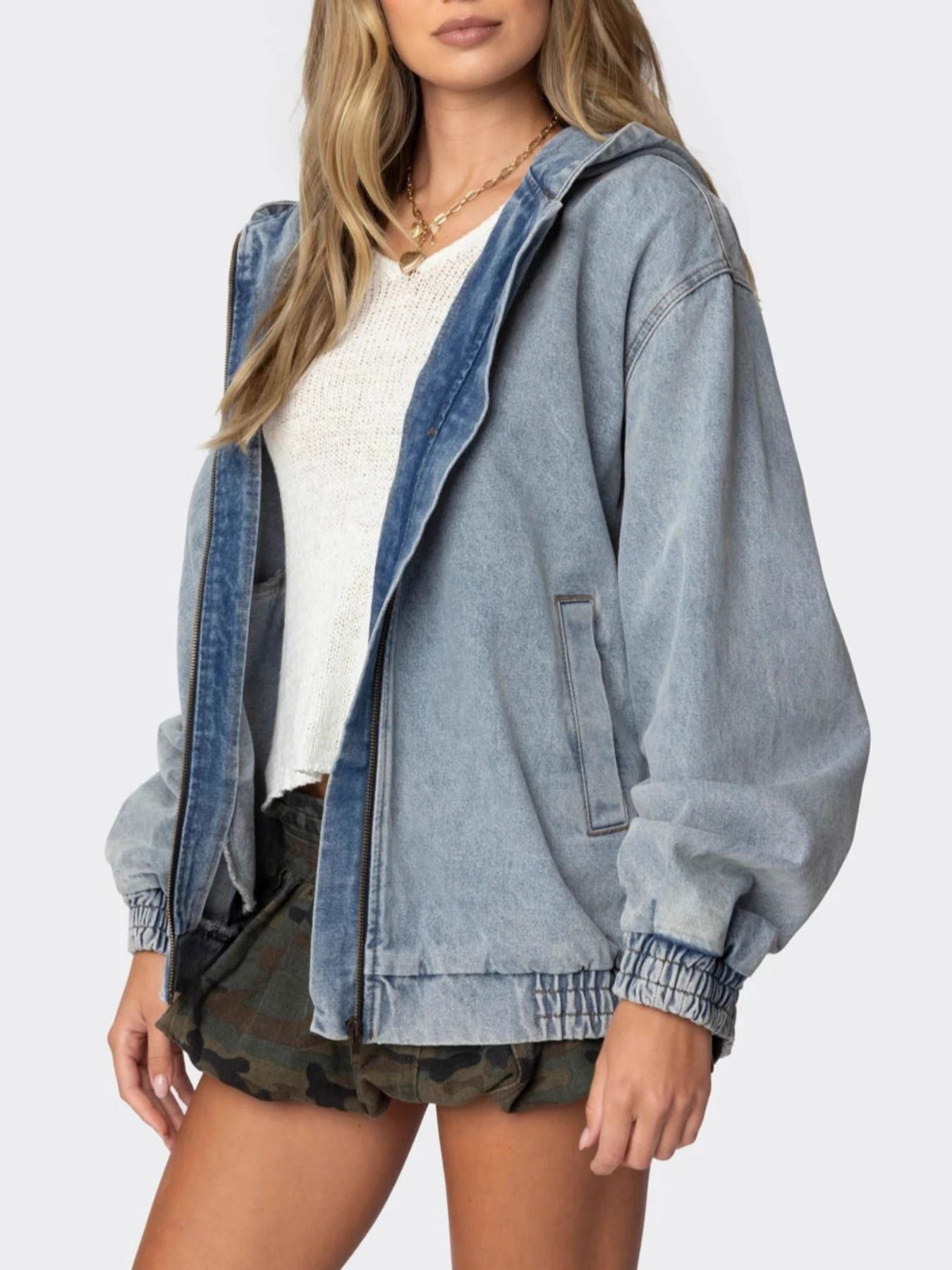 Hooded Oversized Zip Up Denim Jacket - Jackets