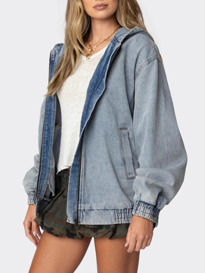 Hooded Oversized Zip Up Denim Jacket - Jackets