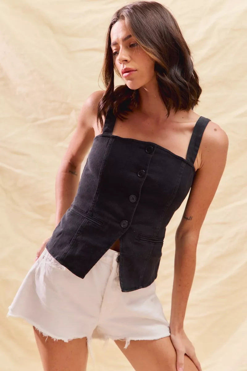 Button Down Sleeveless Game Day Fitted Denim Top - Tops