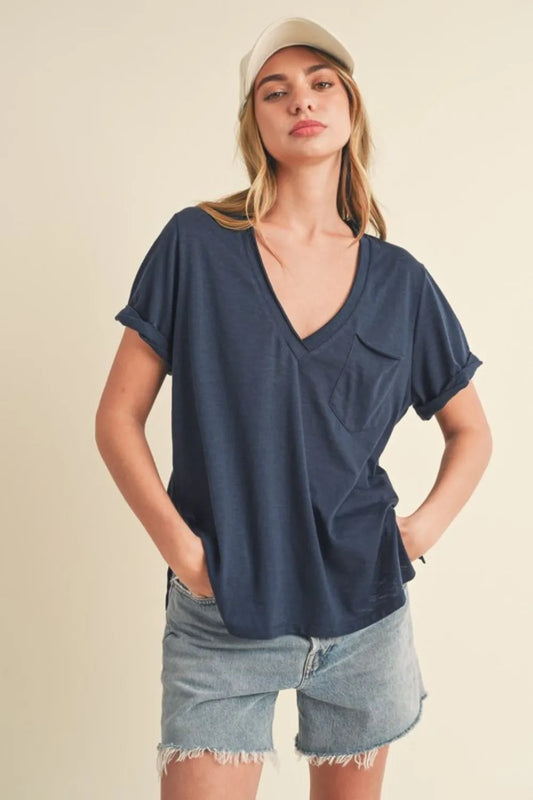 Dark Navy V-Neck Side Slit Short Sleeve T-Shirt in Dark Navy | Trendy T-Shirts Outfit Idea for Women by Ro + Ivy | Elevated Basics, Modern Comfort & Style