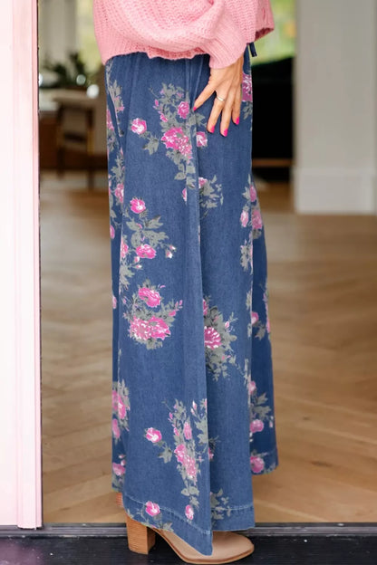 Women's Floral Print Wide Leg Jeans - Jeans