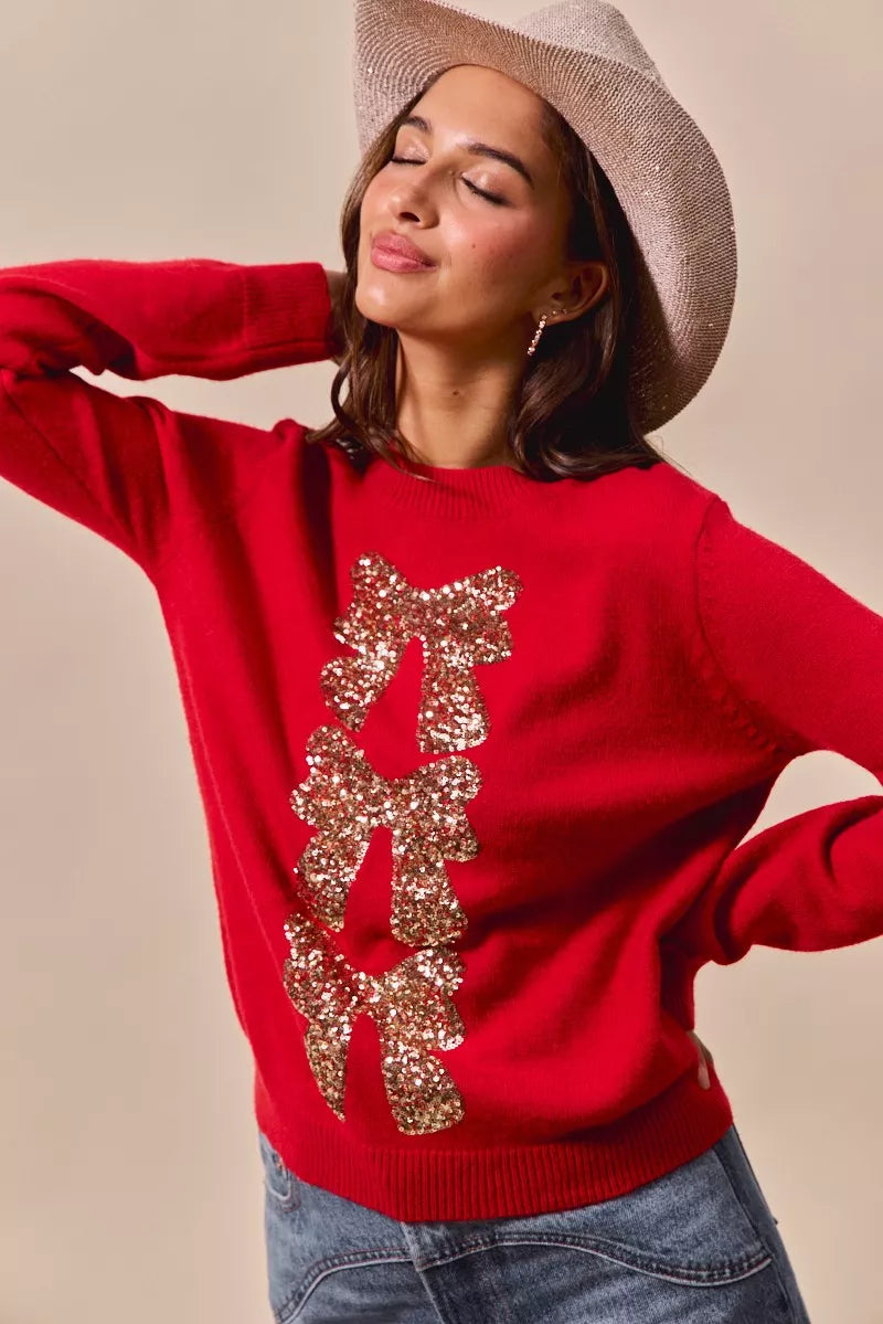 Red Sequined Bow Christmas Sweater | Trendy Sweaters Outfit Idea for Women by Ro + Ivy | Elevated Basics, Modern Comfort & Style