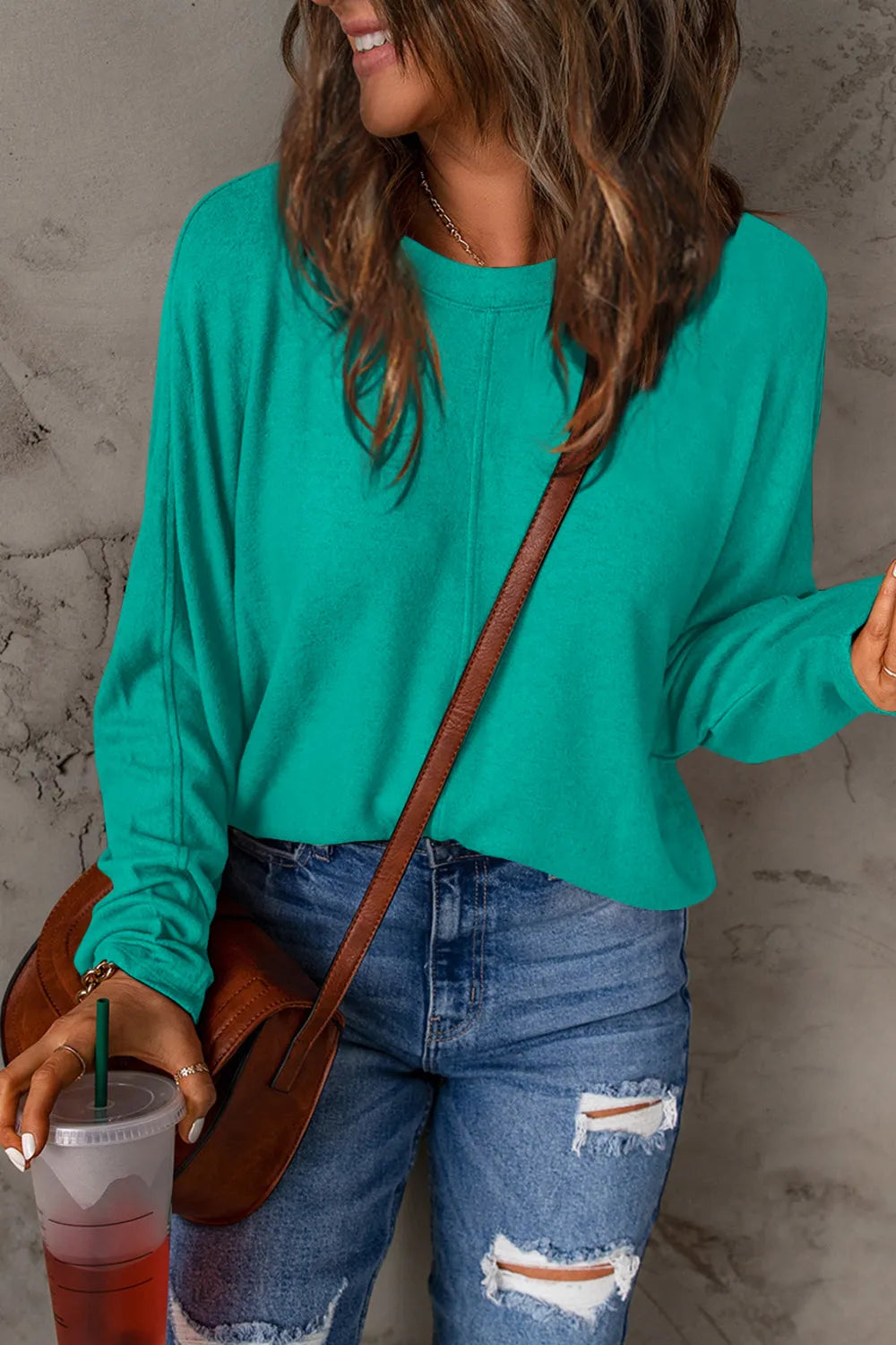 Relaxed Long Sleeve Round Neck Top Turquoise