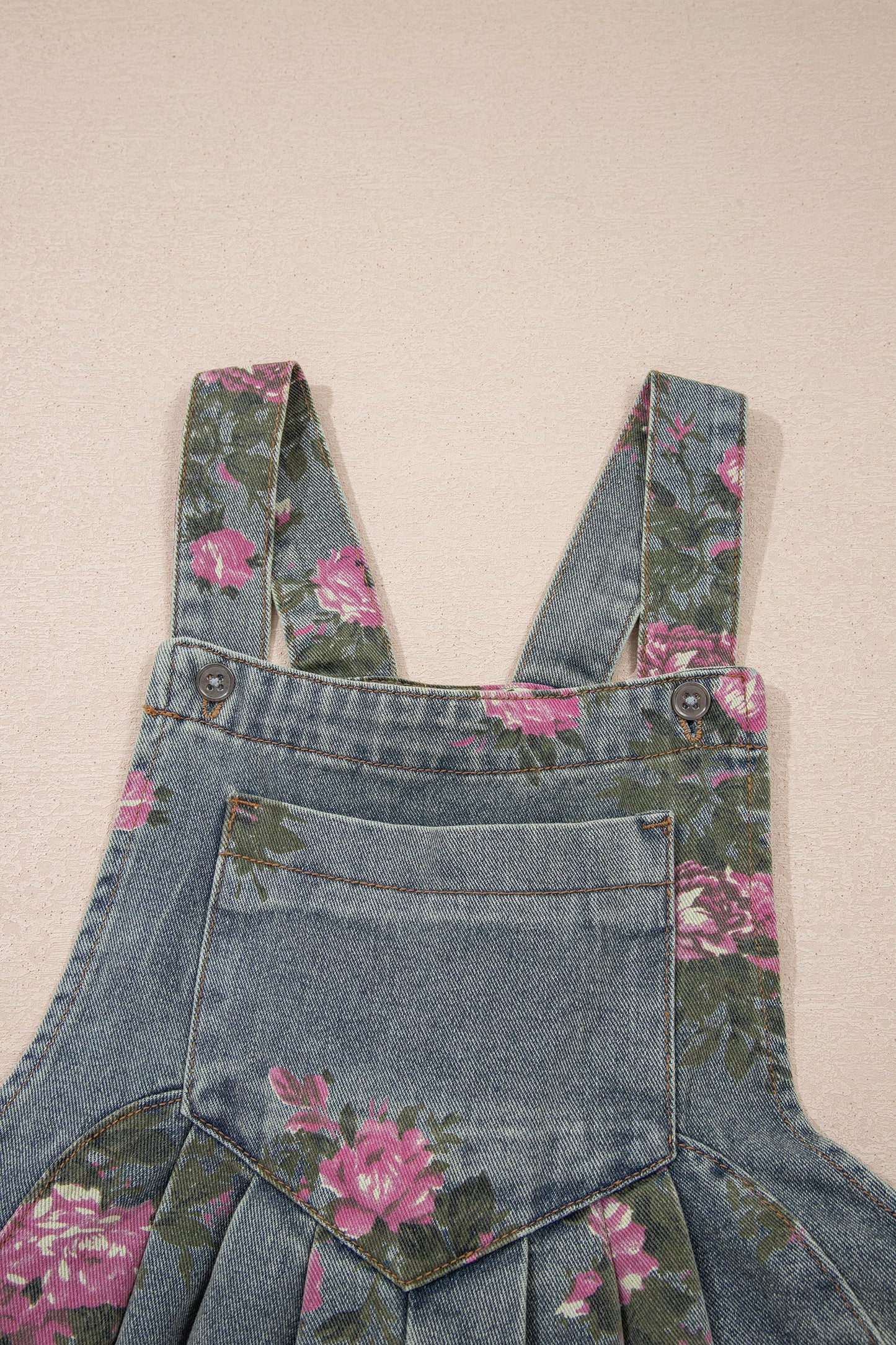 Floral Pleated High Waist Washed Denim Wide Leg Overalls — Retro Vintage Everyday Style - Bottoms/Jumpsuits & Rompers