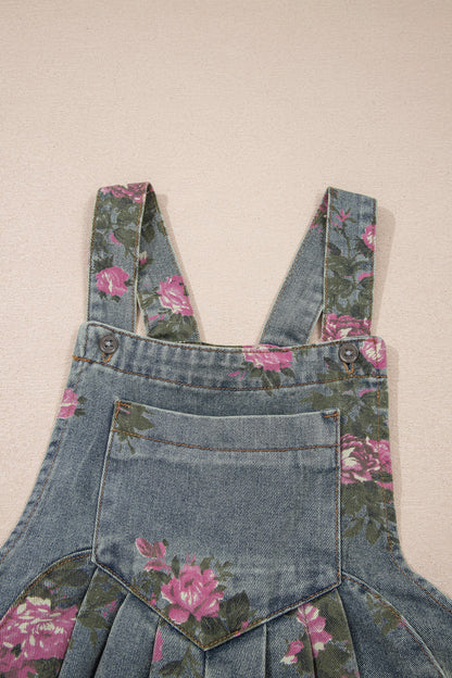 Floral Pleated High Waist Washed Denim Wide Leg Overalls — Retro Vintage Everyday Style - Bottoms/Jumpsuits & Rompers