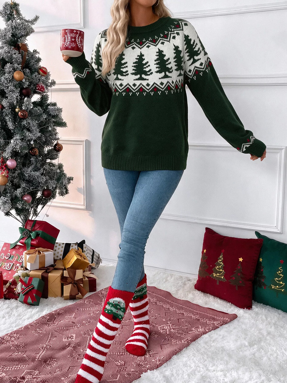 Christmas Tree Pattern Round Neck Stretch Knit Sweater