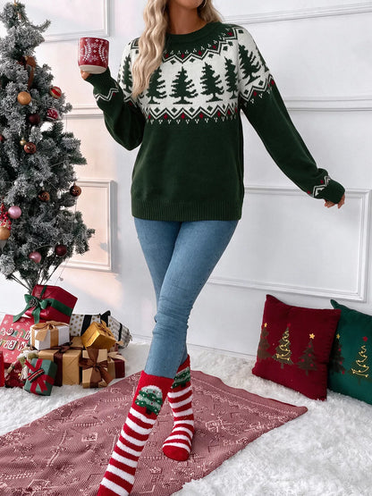 Christmas Tree Pattern Round Neck Stretch Knit Sweater