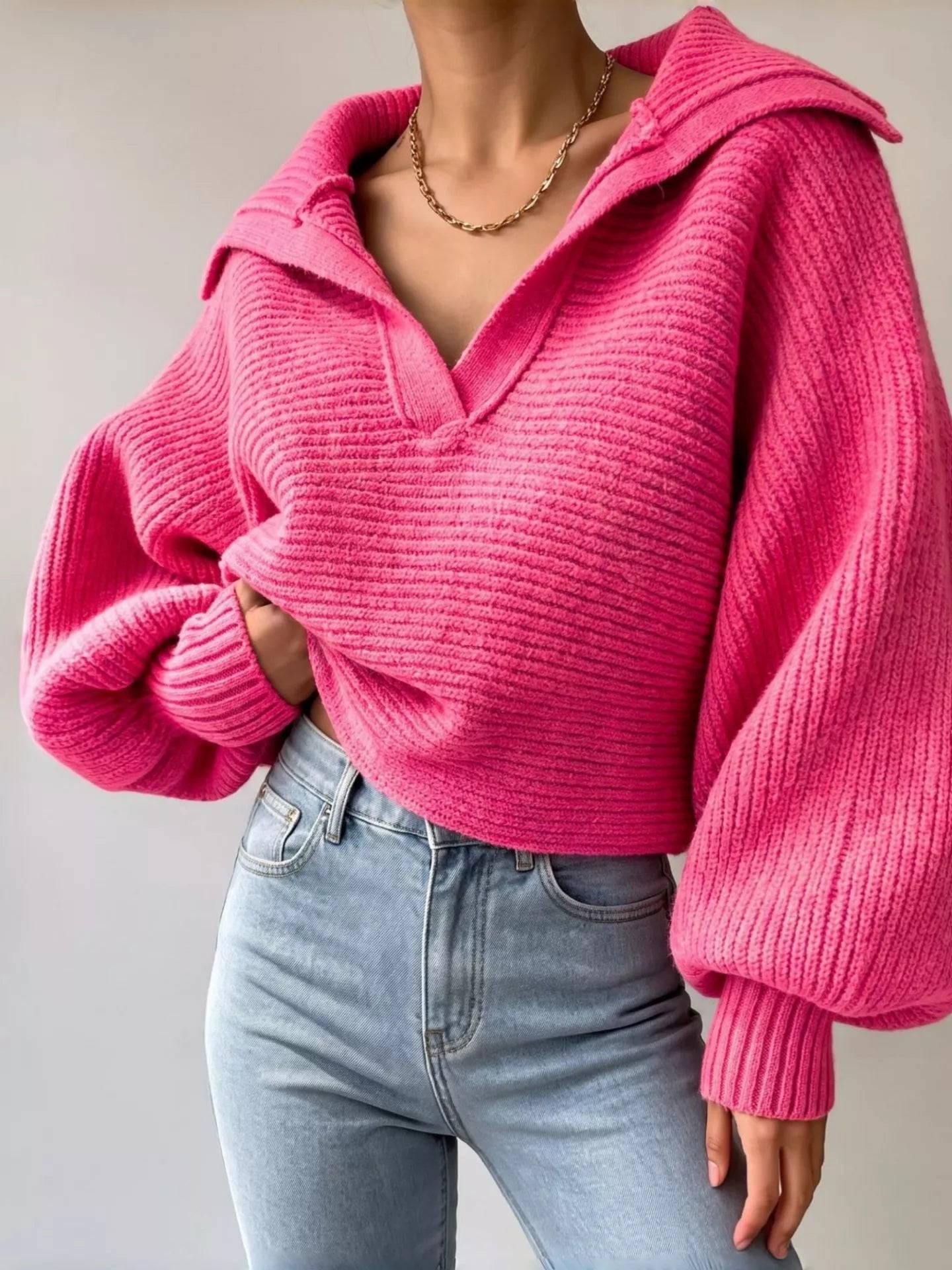 Oversized Collar Ribbed Cropped Sweater Red