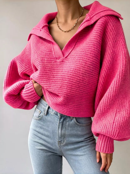 Oversized Collar Ribbed Cropped Sweater Red