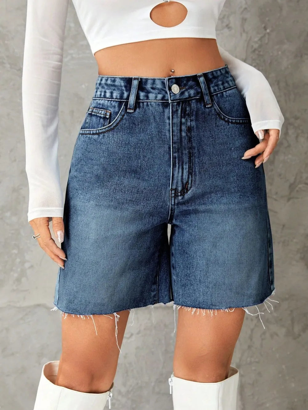 Medium Frayed Hem Long Denim Shorts | Trendy Shorts Outfit Idea for Women by Ro + Ivy | Elevated Basics, Modern Comfort & Style