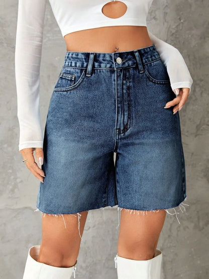 Frayed Hem Long Denim Shorts - Medium Shorts