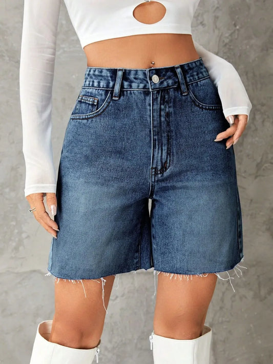 Frayed Hem Long Denim Shorts - Medium Shorts