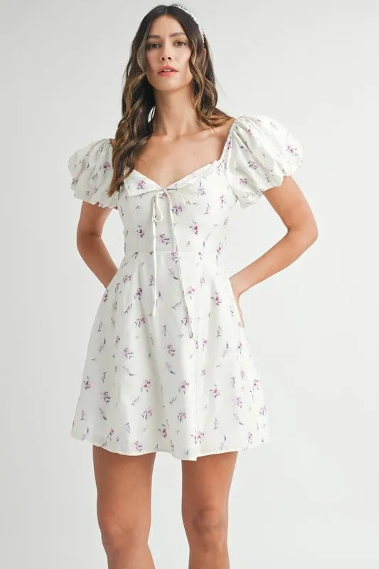 Floral Print Puff Sleeve Mini Dress – OFF WHITE outfit idea for women | Ro + Ivy