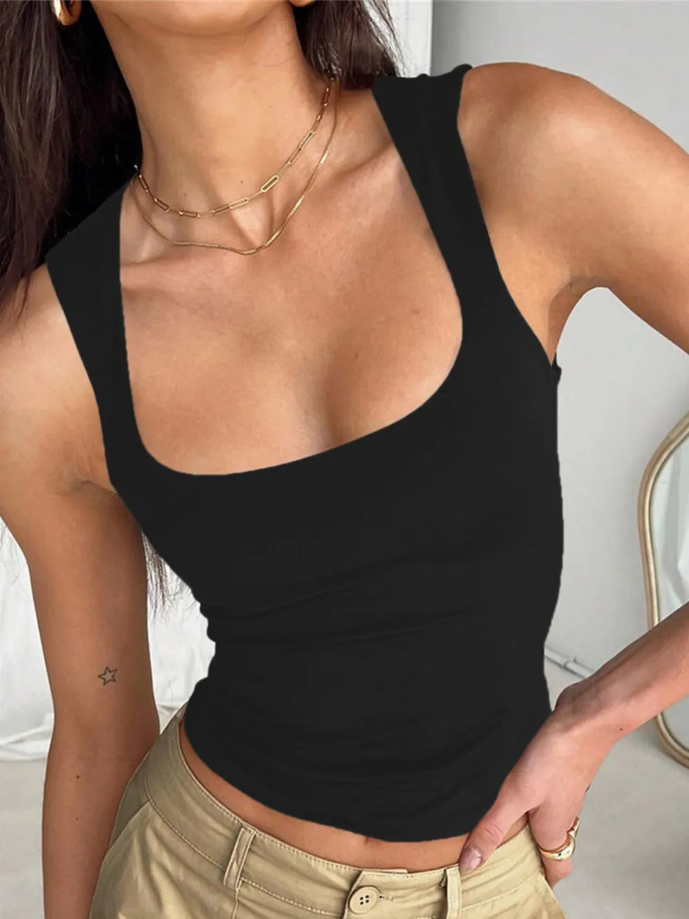Women's Lightweight Square Neck Wide Strap Tank Top - Tank Tops