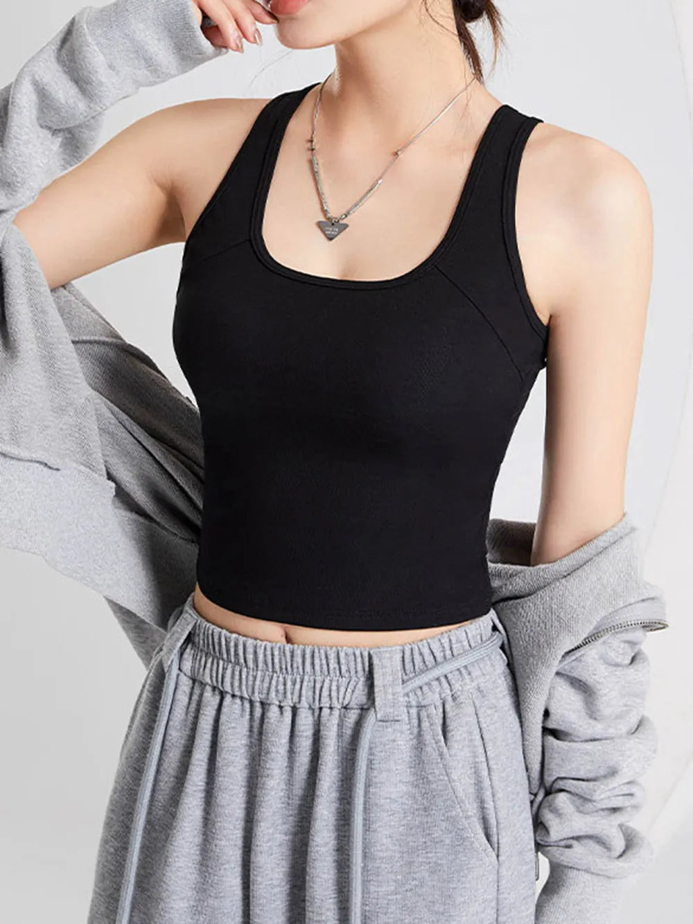 Women's Crisscross Scoop Neck Wide Strap Cropped Tank, Built-In Chest Pads - Crop Tops