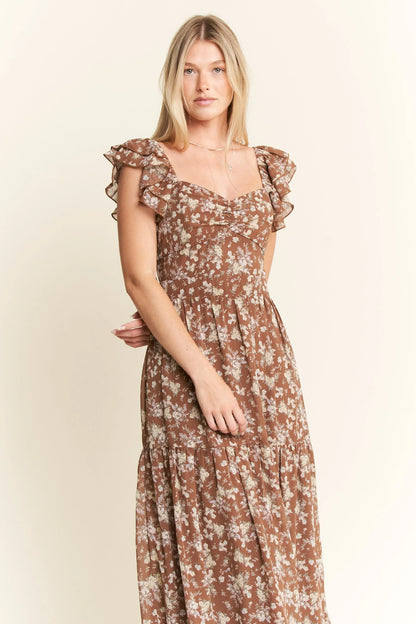 Ruffle Sleeve Tiered Maxi Dress in Mocha – outfit idea for women | Ro + Ivy
