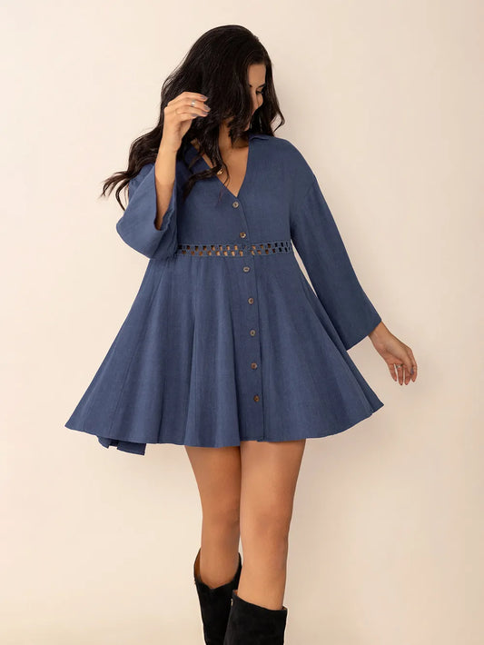 Dusty Blue Cutout Johnny Collar V Neck Long Sleeve Mini Dress | Trendy Mini Dresses Outfit Idea for Women by Ro + Ivy | Elevated Basics, Modern Comfort & Style
