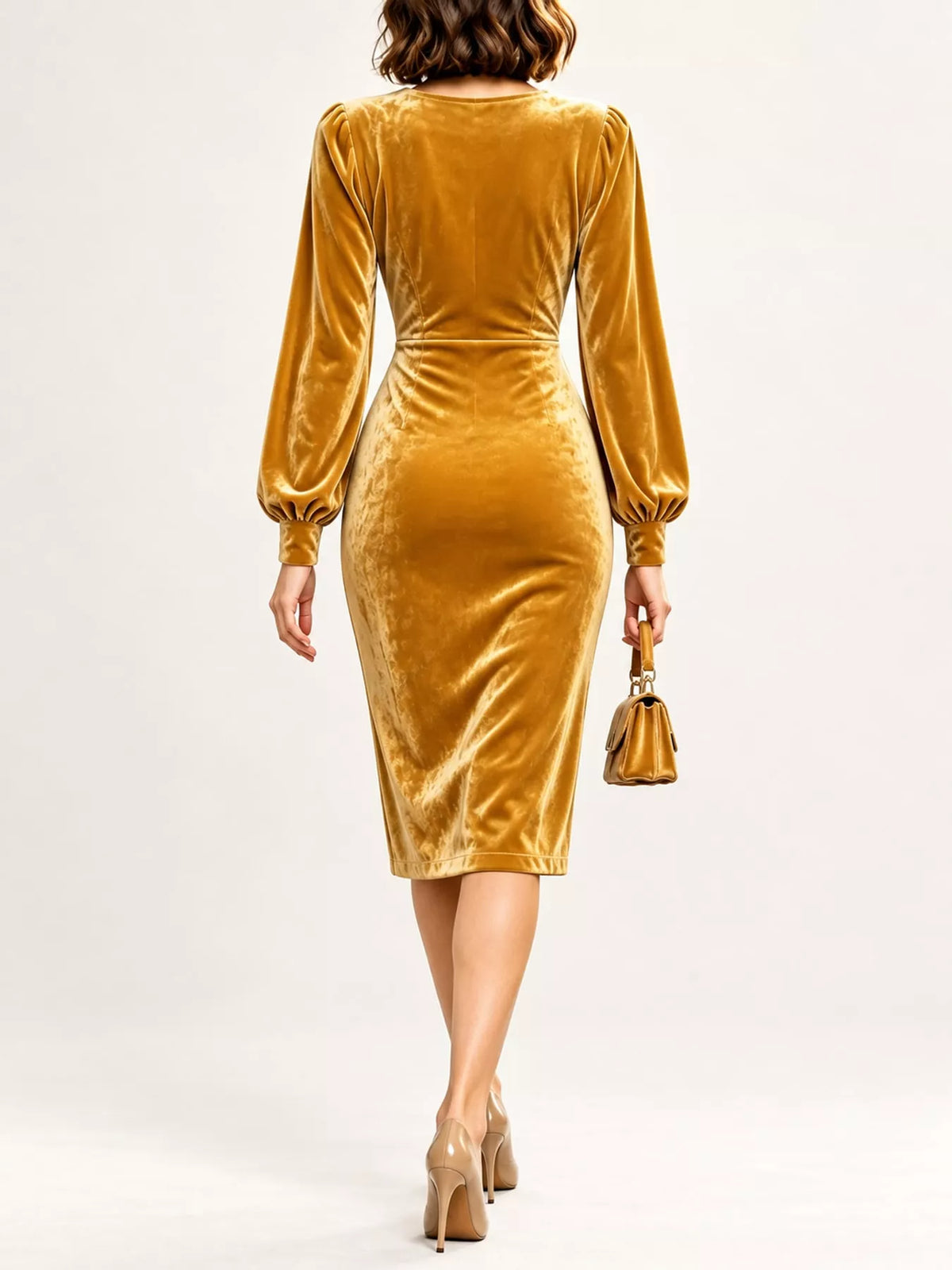 Long-Sleeve Velvet Wrap Dress with Ruched Bodycon Fit