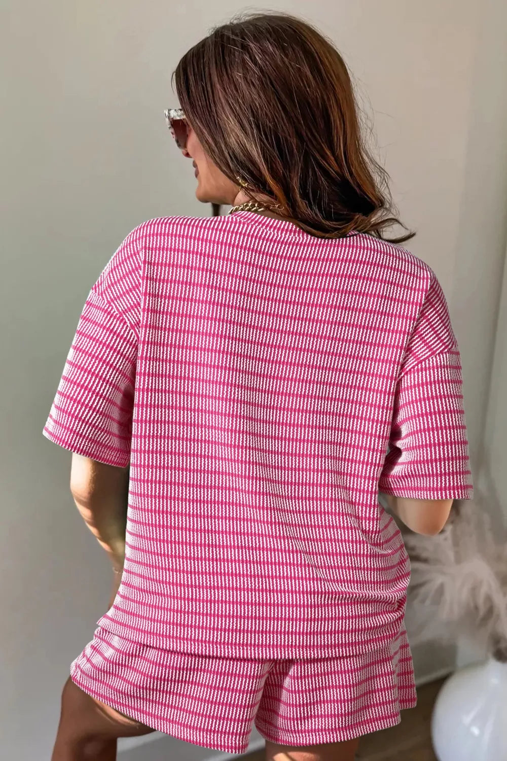 Women's Striped Raised Rib Loose Tee and Drawstring Shorts Set - Matching Sets