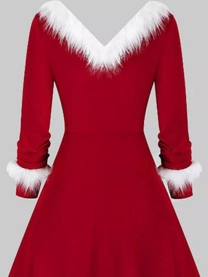 Long-Sleeve Christmas Dress with Fuzzy Trim
