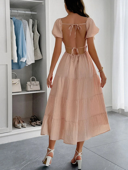 Scoop Neck Backless Tiered Puff Sleeve Midi Dress - Mini Dresses
