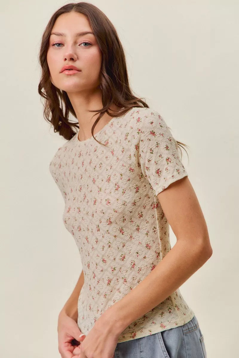 Floral Lace Short Sleeve Layering Knit Top — Romantic Soft Inner Layer Everyday Style - Knit Tops