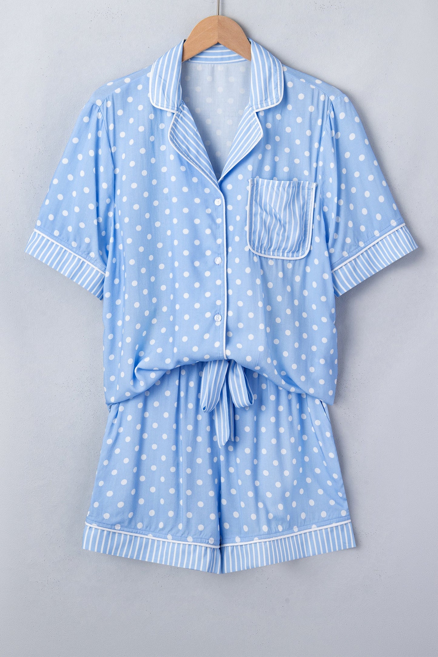 Polka Dot Striped Edge Short Sleeve Pajama Set — Cozy Playful Sleepwear Style - Loungewear & Sleepwear/Sleepwear