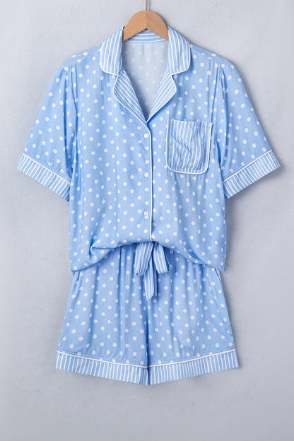Polka Dot Striped Edge Short Sleeve Pajama Set — Cozy Playful Sleepwear Style - Loungewear & Sleepwear/Sleepwear