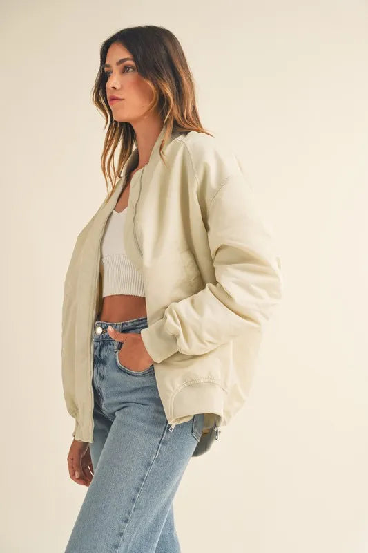 Back Ruched Utility Zip Pocket Bomber Jacket — Contemporary Functional Outerwear Style - Jackets