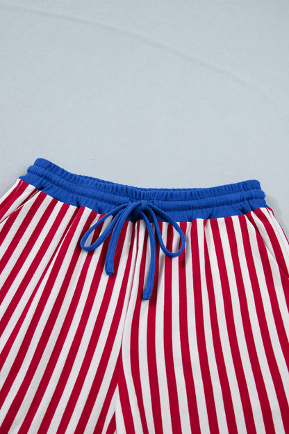 Striped V-Neck Contrast Trim Tee & Matching Shorts Two-Piece Set — Cute Casual Style - Short Sets