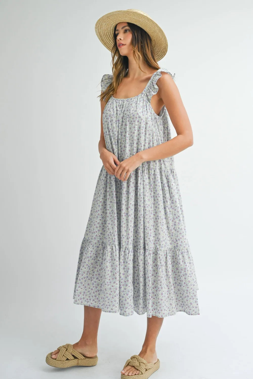 Floral Ruffle Shoulder Tiered Midi Dress - Midi Dresses