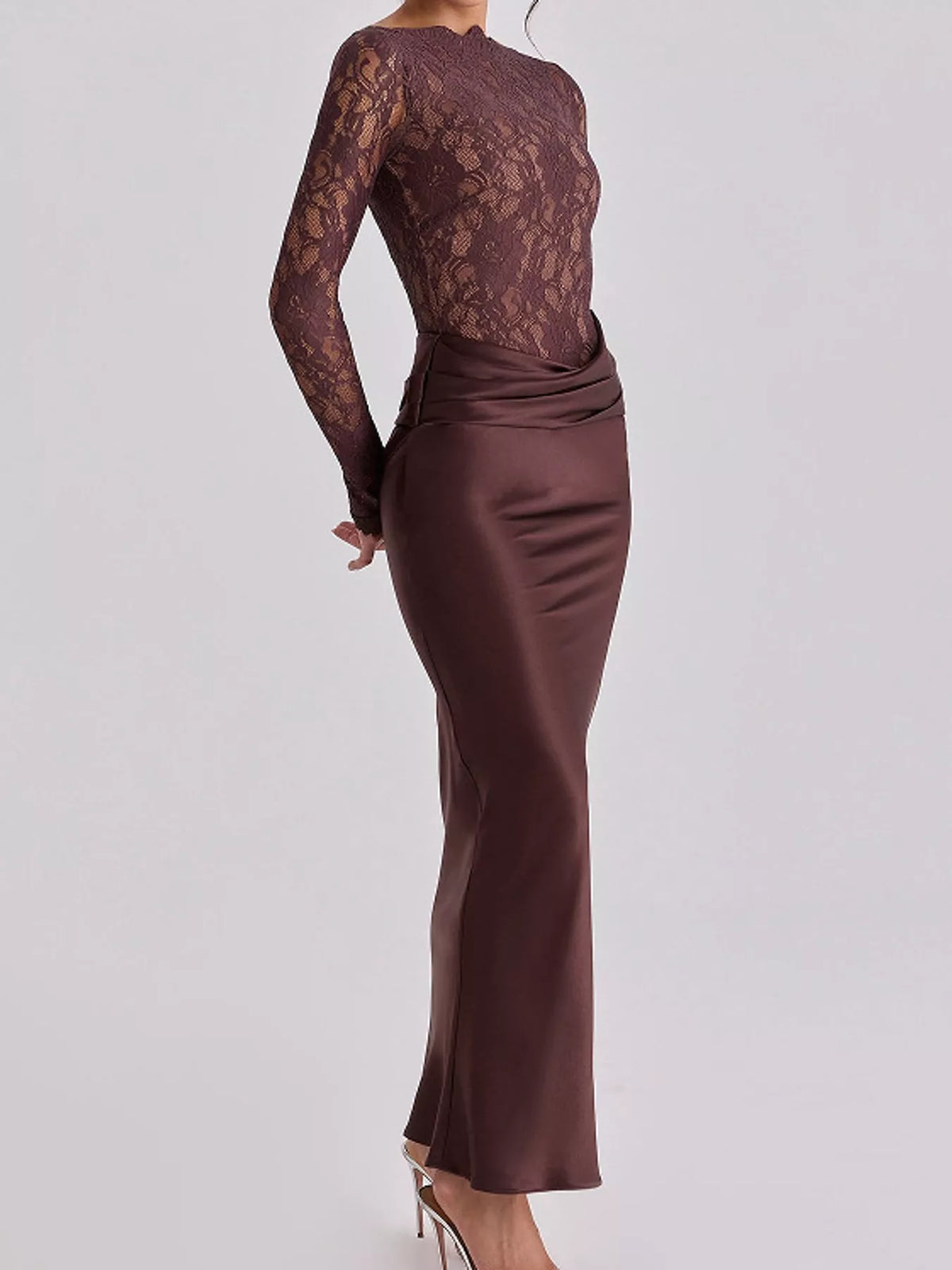 Long-Sleeve Bodycon Maxi Dress with Sheer Lace, Satin Patchwork and Ruched Details Dark Red