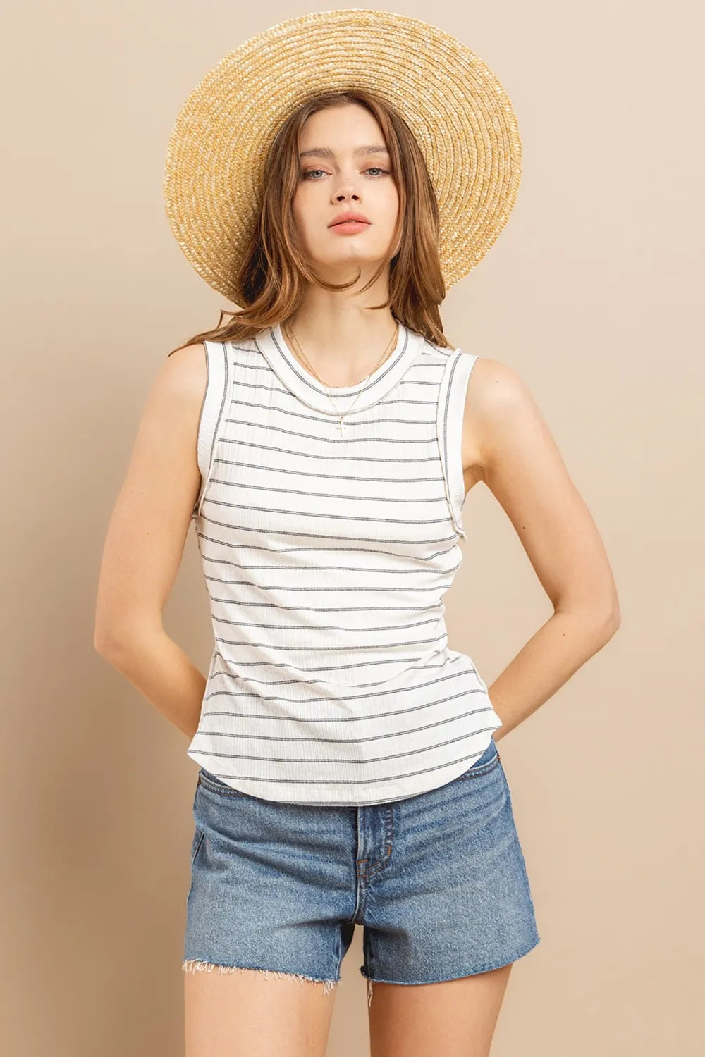 100% Cotton Striped Round Neck Tank Top - Ivory Tank Tops