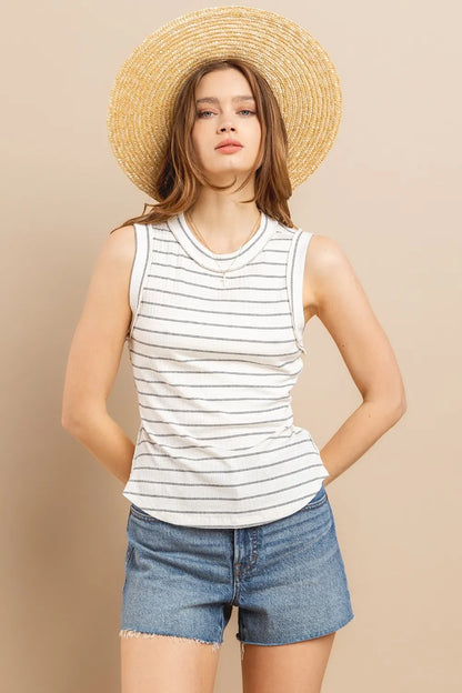 100% Cotton Striped Round Neck Tank Top - Ivory Tank Tops