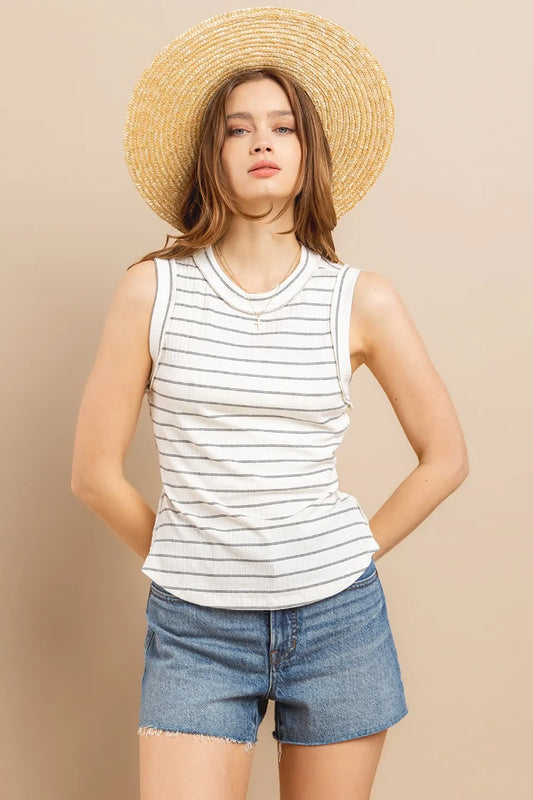 100% Cotton Striped Round Neck Tank Top - Ivory Tank Tops