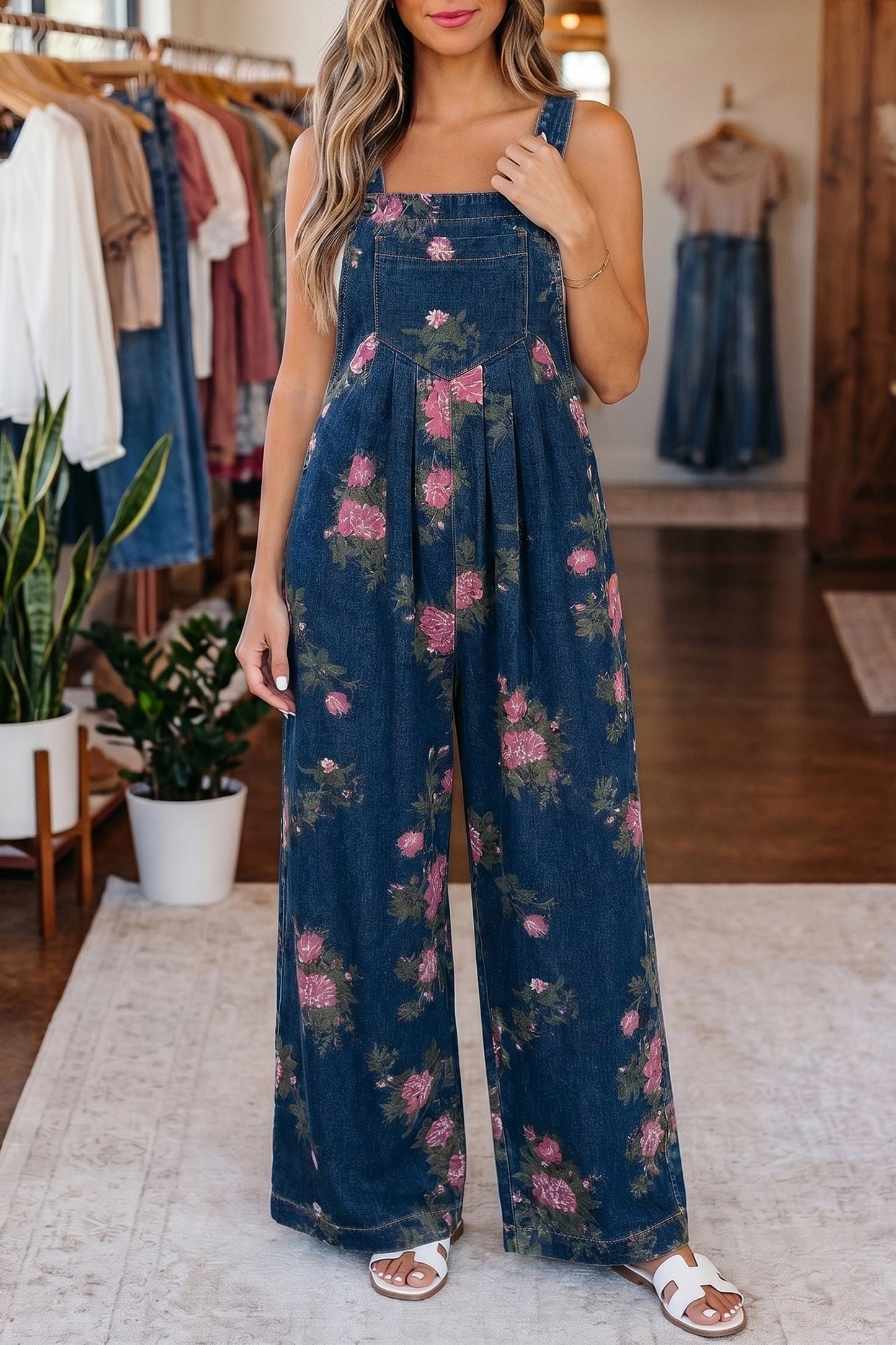 Floral Print Wide Leg Relaxed Fit Jumpsuit — Boho Effortless Everyday Style - Jumpsuits & Rompers