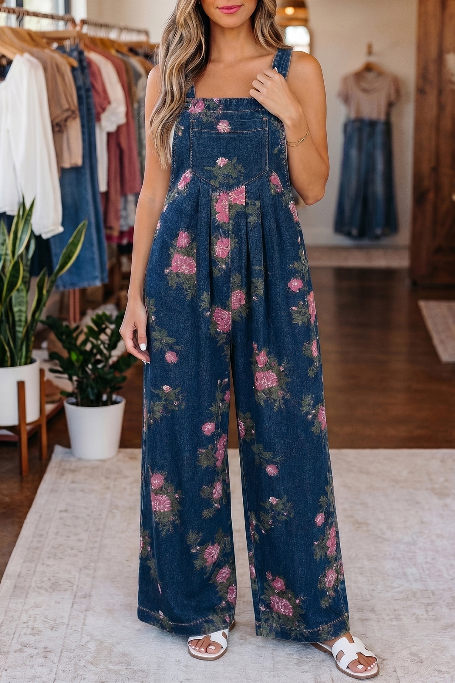 Floral Print Wide Leg Relaxed Fit Jumpsuit — Boho Effortless Everyday Style - Jumpsuits & Rompers