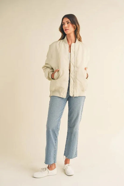 Back Ruched Utility Zip Pocket Bomber Jacket — Contemporary Functional Outerwear Style - Jackets