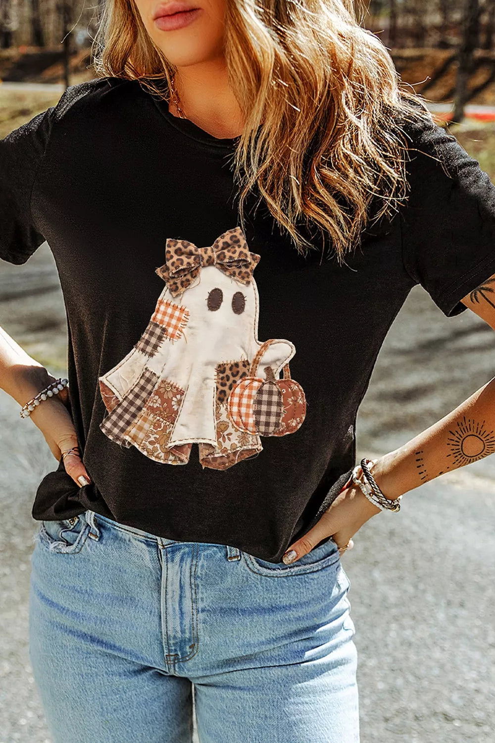 Halloween Plaid Ghost Applique Short Sleeve T-Shirt