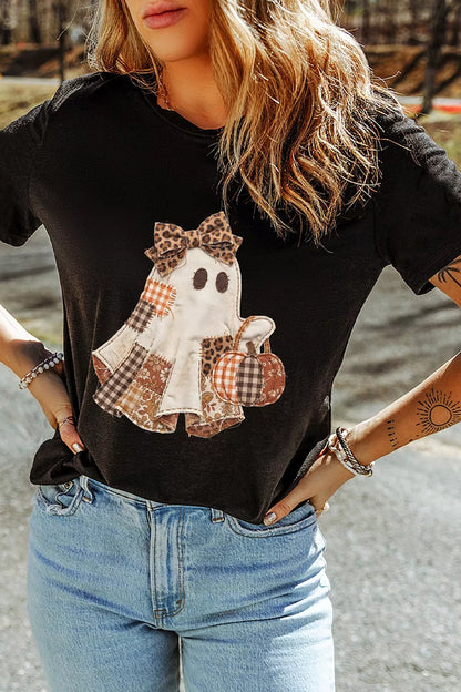 Halloween Plaid Ghost Applique Short Sleeve T-Shirt