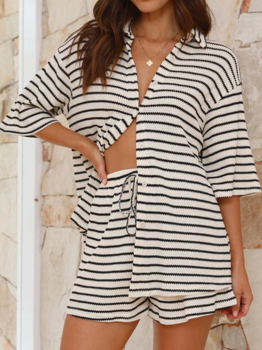 Striped Half Sleeve Top and Shorts Loungewear Set - White Loungewear Sets