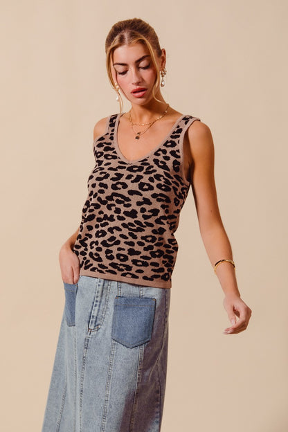Leopard Knitted Lightweight V Neck Tank Top - Tank Tops
