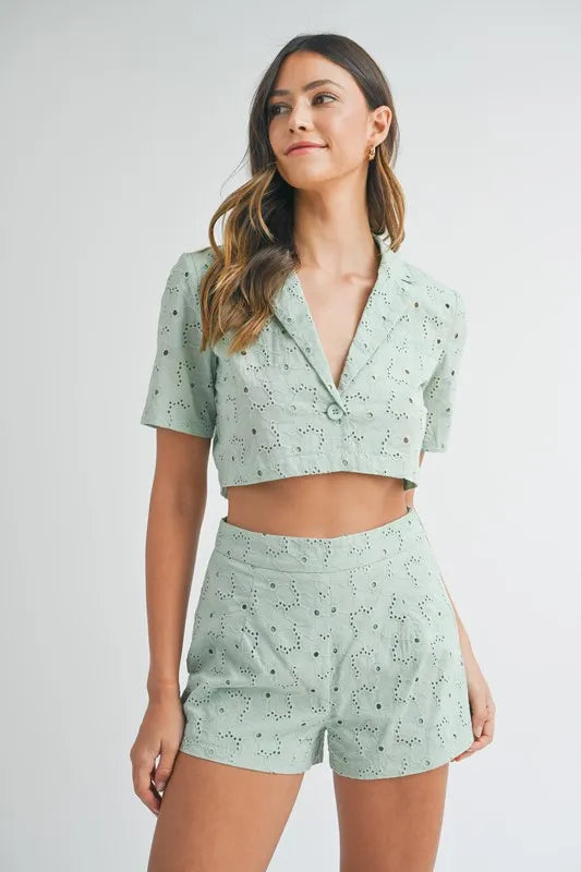 Eyelet Short Sleeve Crop Top And Shorts Set – Mint outfit idea for women | Ro + Ivy