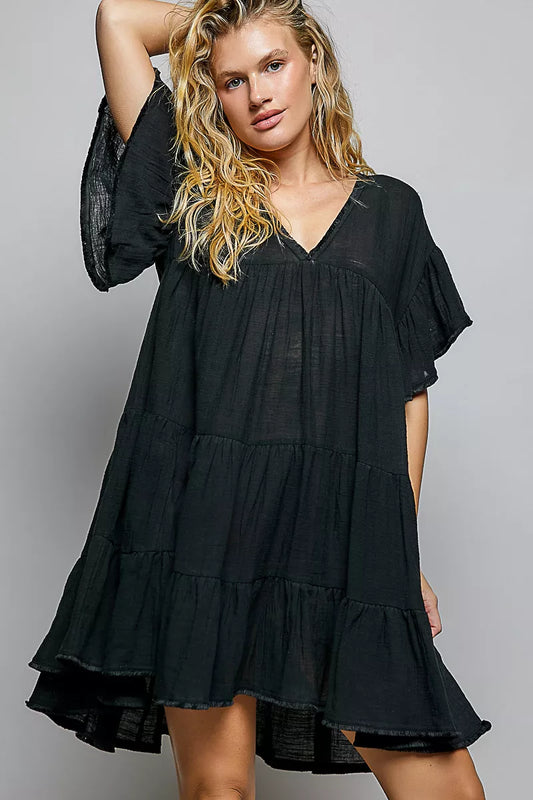 Women's Ruffle Shirred V-Neck Cotton Shirt Mini Dress Black