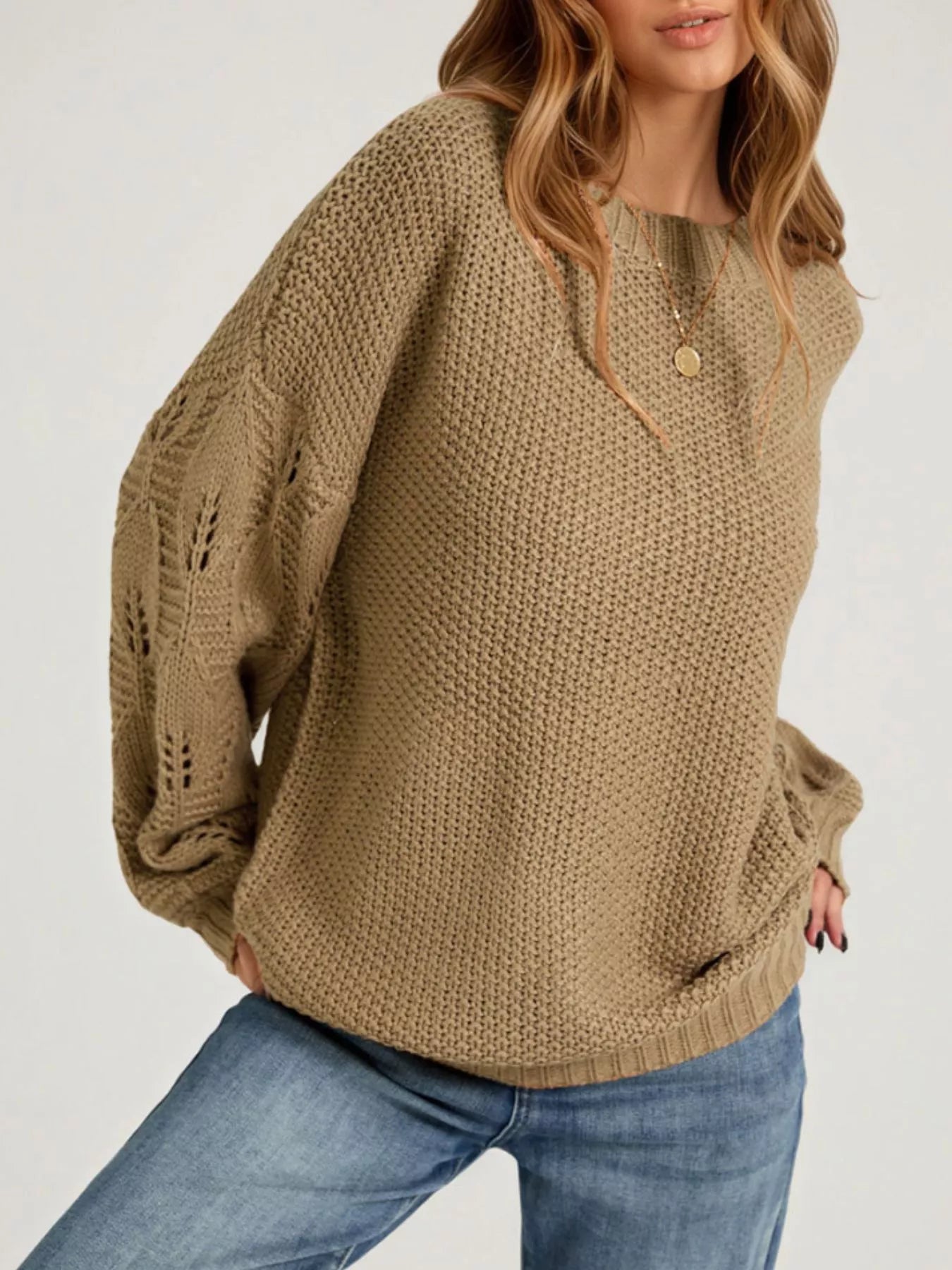 Textured Knit Openwork Sleeves Sweater