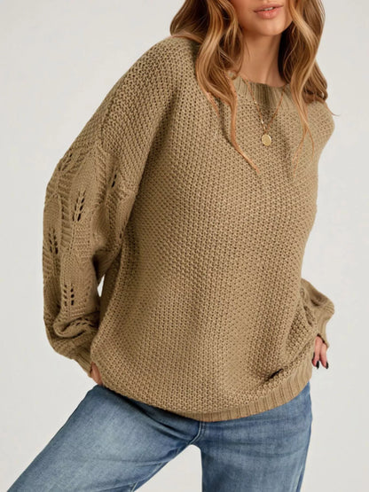Textured Knit Openwork Sleeves Sweater